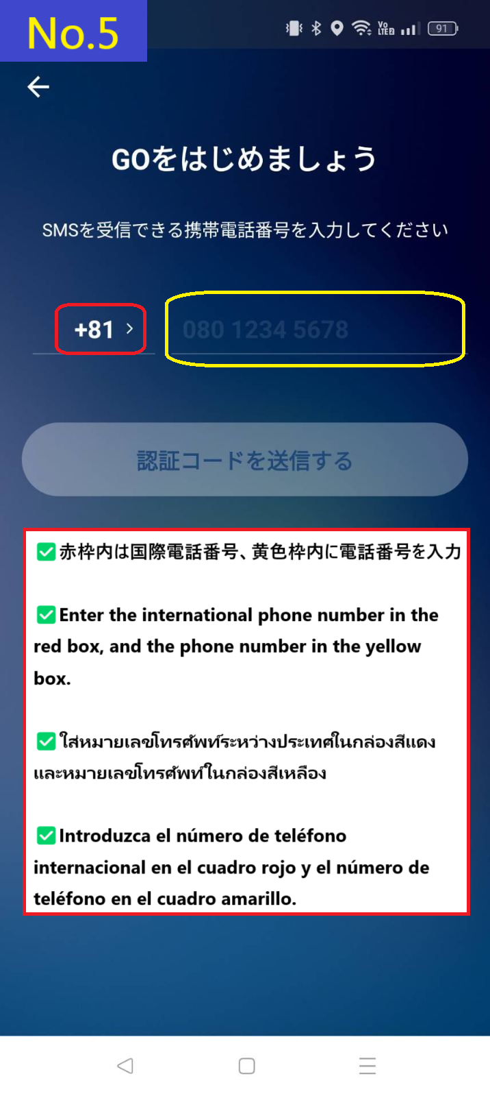 Screen showing phone number input and SMS verification code input
