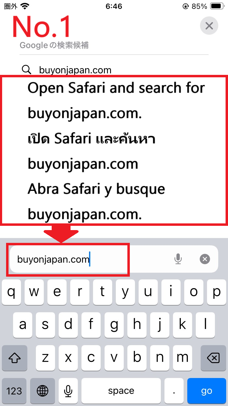 Instruction image showing to Open Safari and search for buyonjapan.com for iphone